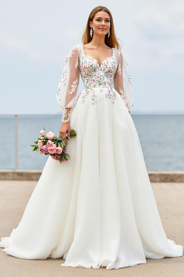 Floral Ivory A Line Long Wedding Dress with Appliques